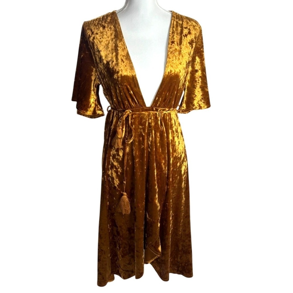 Boho Festival Crushed Velvet Mini Dress Gold Plunge Neck Tassel Flutter Sleeve L - Picture 2 of 9